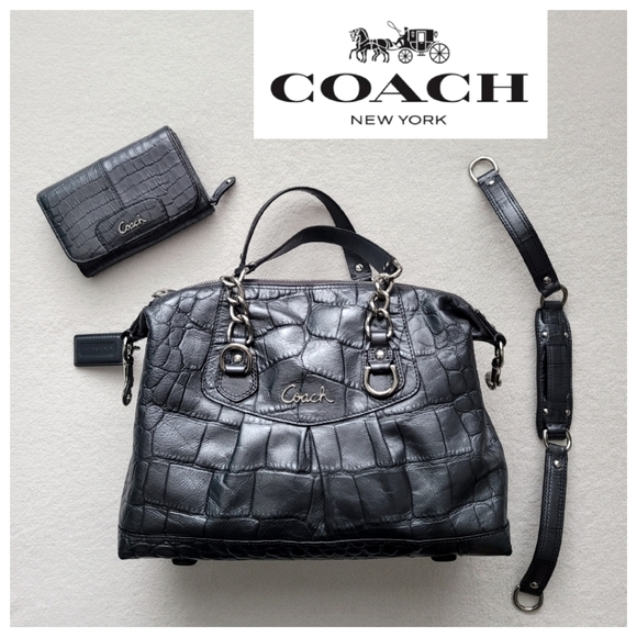 Coach Handbags - Coach Ashley Leather Crocodile Embossed Metallic Silver Pewter Bag & Wallet EUC